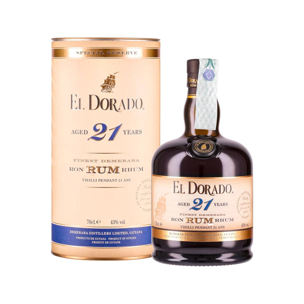 4974.jpg El Dorado, Rum 21 Years Old, 700 ml, Aroma di Arancia e Mandarino, Note Dolci di Zucchero di Canna, Cioccolato Fondente e Caffè, Invecchiato 21 anni, 43% Vol. - immagine 1