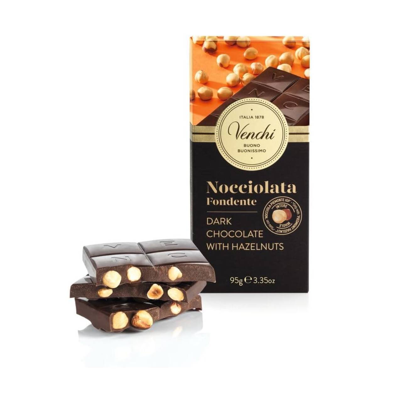 5331.jpg Venchi - Tavoletta di Cioccolato Nocciolato Fondente con Nocciole Piemonte IGP Intere, 95 g - Senza Glutine - Vegano - immagine 1