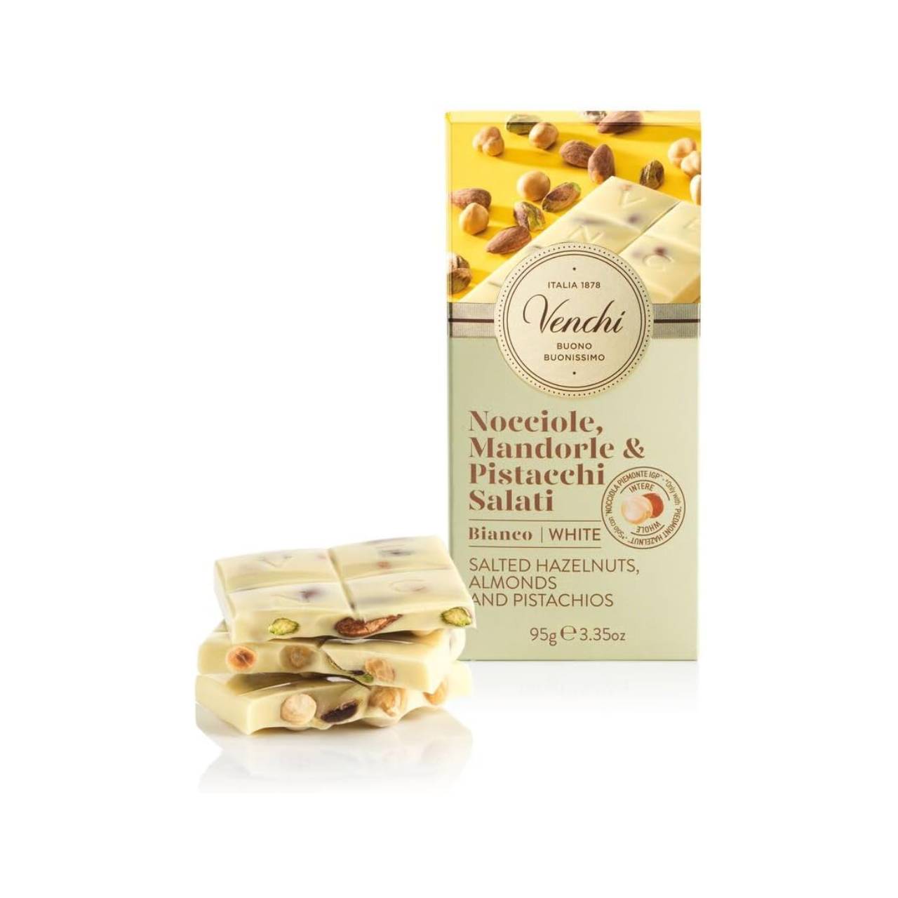 5333.jpg Venchi Tavoletta di Cioccolato Bianco Salata, 95 g - Cioccolato Bianco con Nocciole, Pistacchi e Mandorle Salati -Senza Glutine - immagine 1