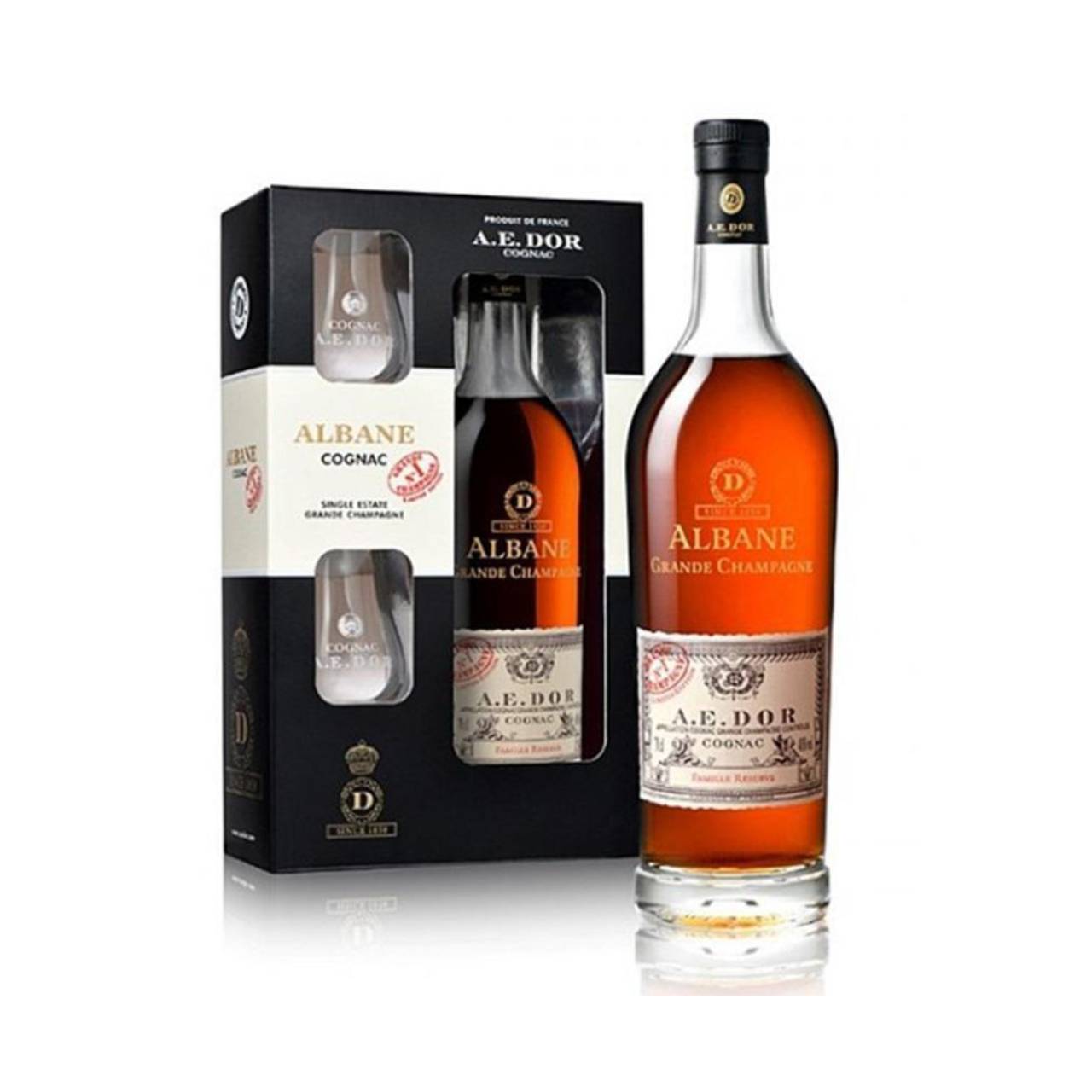 5763.jpg Cognac Albane Grande Champagne, Confezione Congnac + 2 Bicchieri, 40% vol, 700 ml - immagine 1